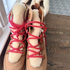 Cole Haan Women size 10 Women’s Tan Shearling-Lined Hiking Boots with Red Laces